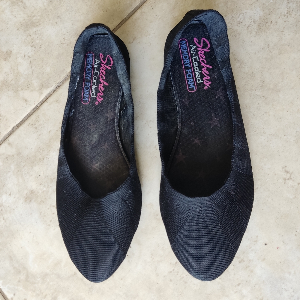 Skechers Cleo Bewitch Womens Size 7.5 Shoes Black Woven Stretch Fit Ballet Flats